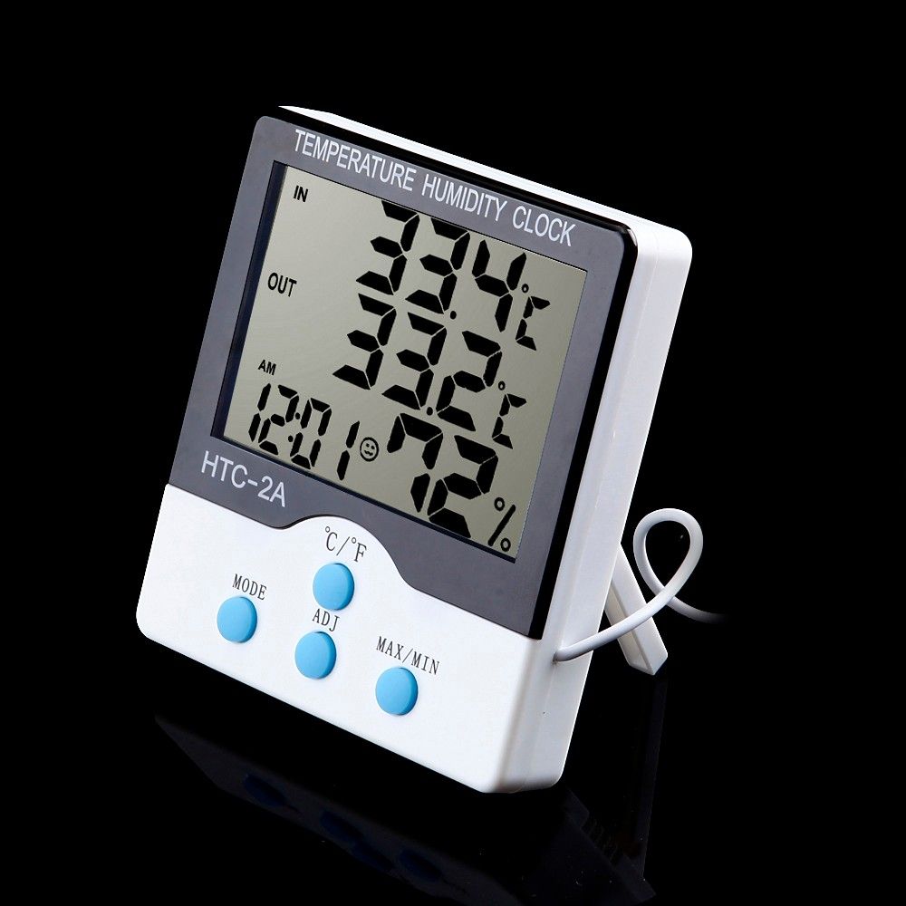 HTC-2A High Accuracy Thermometer Hygrometer Weather Station Wireless Temperature Humidity Tester Indoor Outdoor 1.5M Cable Sensor Clock Alarm Tool use in Incubator Lab Room Manufacturing Plant