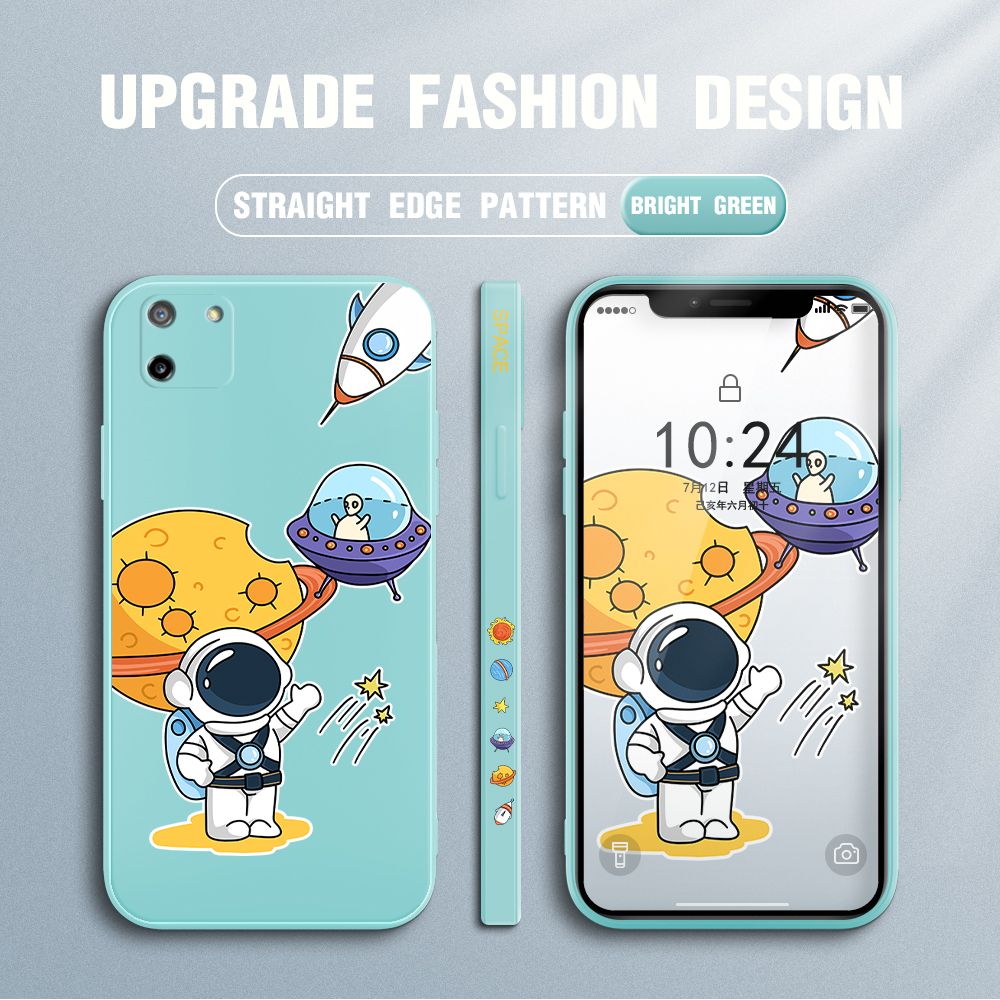 Jizetin for Realme C11 2020 Case Side Design Phone Cover Moon Space Astronaut Cover Square Edge Pattern Liquid Silicone Trend Case