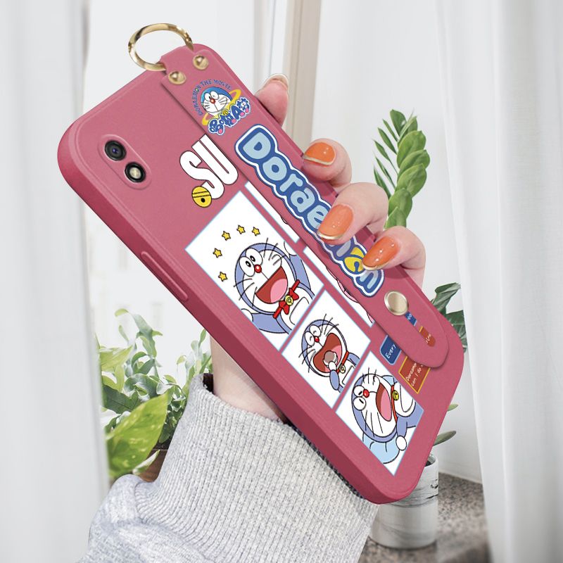 Jizetin for Xiaomi Redmi 9A Wrist Strap Case Creative Cartoon Doraemon's Daily Life Cover Ultra Thin Anti Fall Liquid Silicone Phone Case