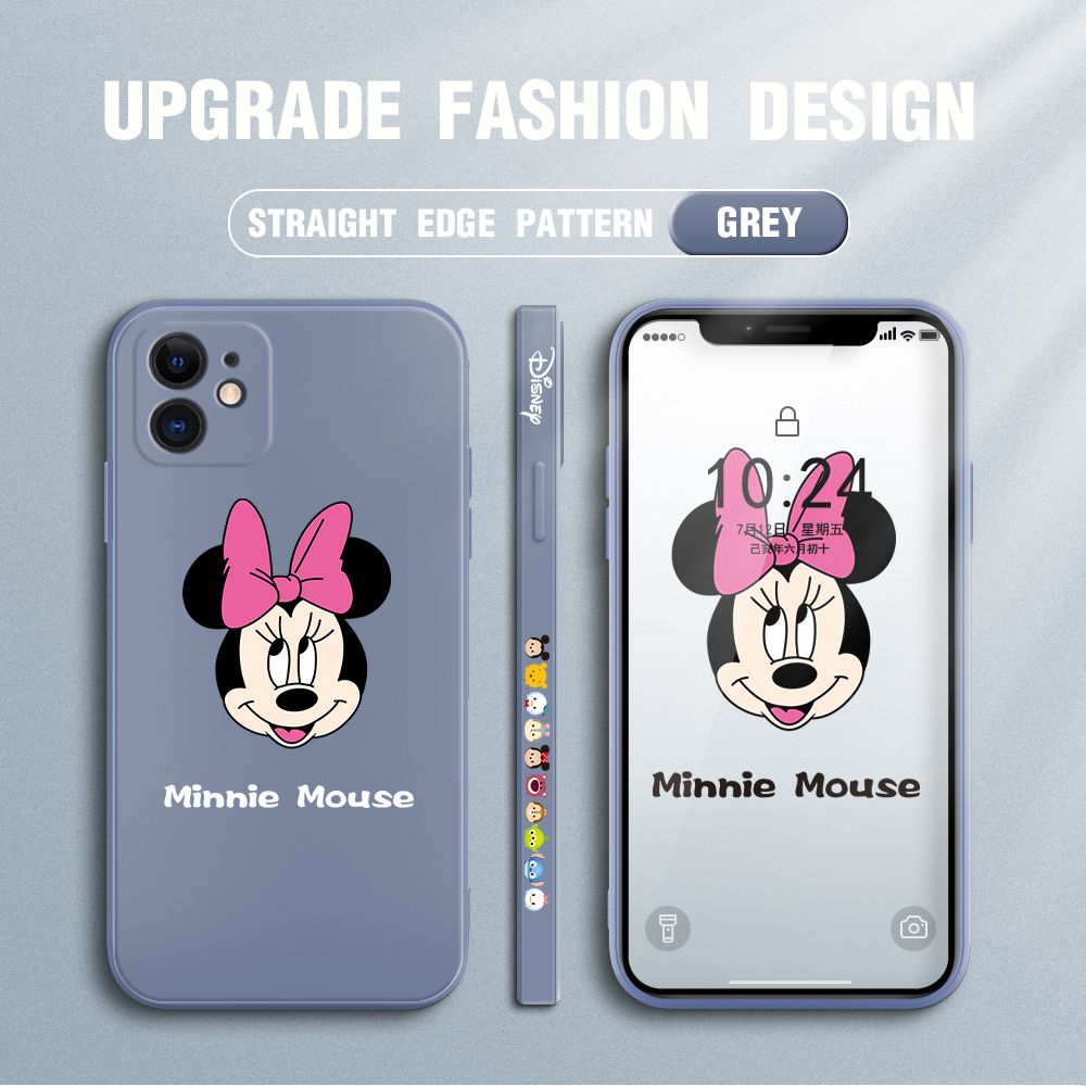 Jizetin for iPhone 12 Case Minnie Mickey Mouse Design Side Design Phone Case Square Edge Pattern Liquid Silicone Cases Full Cover Camera Shockproof Protective Case