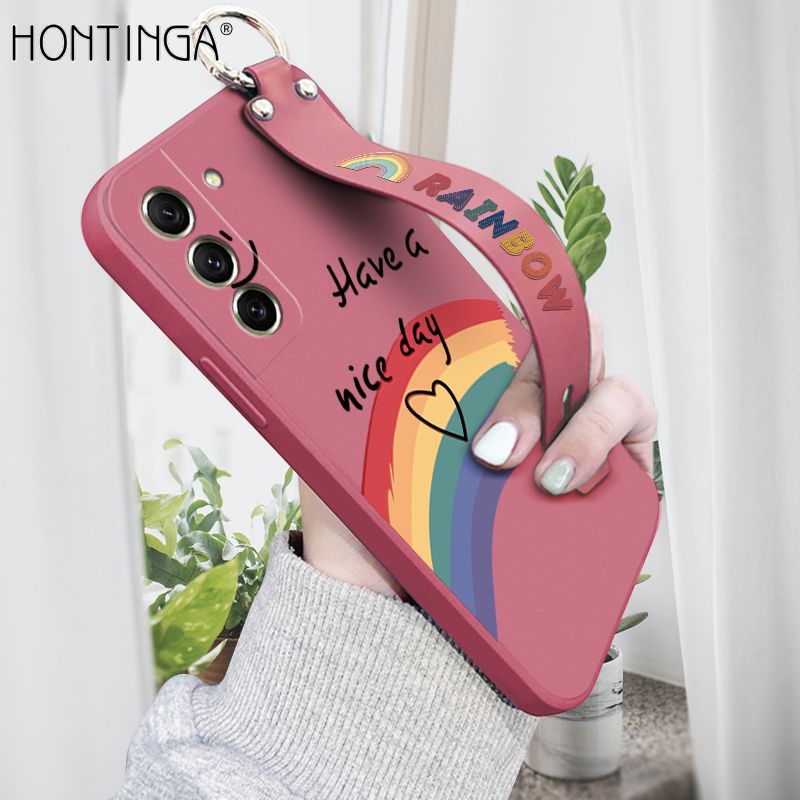Hontinga for Samsung Galaxy S21 FE 5G Back Cover Wrist Strap Lovely Graffiti Rainbow Smile Case Square Printed Pattern Liquid Silicone Phone Cases