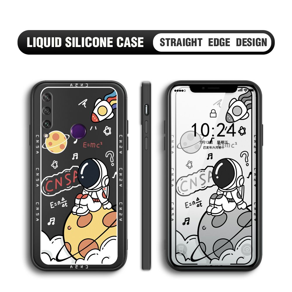 BILI for Huawei Y6P Back Cover Little Astronaut Sit In Planet Multicolor Liquid Silicone Phone Case Soft Square Lens Protection Phone Cases