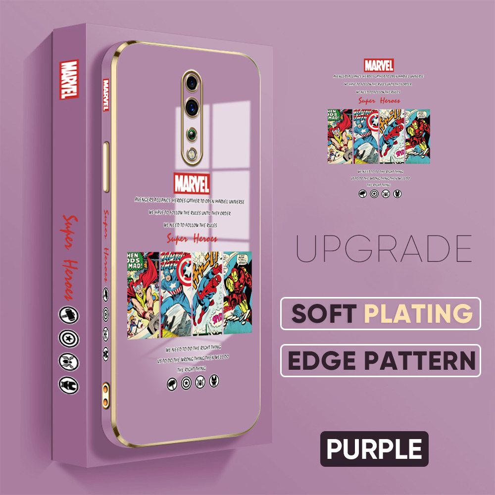 Jizetin (Free Lanyard) OPPO Reno Z Back Cover Superhero Collection Luxury 6D Plating Case Side Pattern Soft Silicone Square Phone Cases