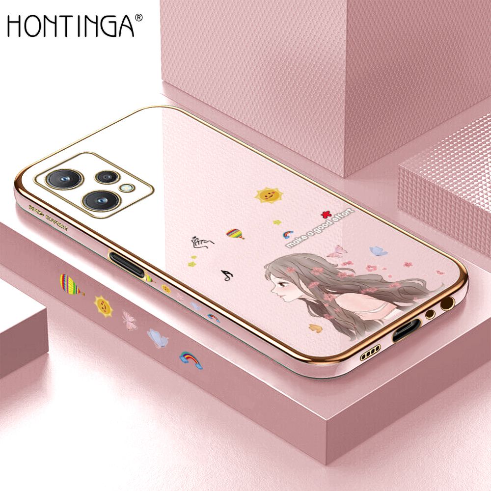 Hontinga for Realme 9 Pro Back Cover + Free Lanyard Luxury 6D Plating Sunshine Girl Side Pattern Case Soft Silicone Square Phone Cases