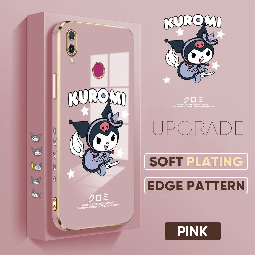 TA for Honor Y9 2019 Back Cover + Free Lanyard Cute Kuromi Luxury 6D Plating Case Side Pattern Soft Silicone Square Phone Cases