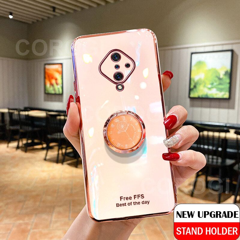 For Vivo S1 Pro Cover + Ring Holder Ultra Thin Shiny Plating Bumper Stand Phone Case Soft TPU Silicone Shockproof Protective Back Cover