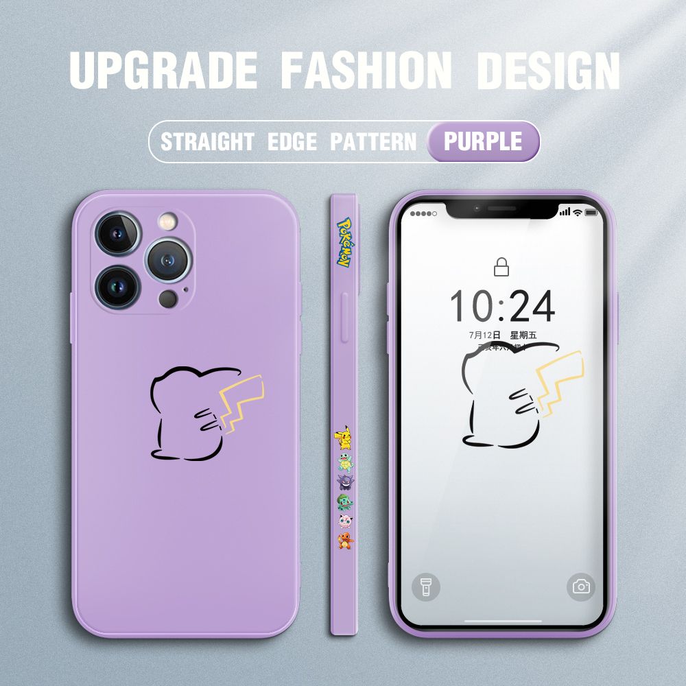 Jizetin for iPhone 13 Pro Case New Pikachu Pokémon Design Side Design Phone Case Square Edge Pattern Liquid Silicone Cases Full Cover Camera Soft Protection Case