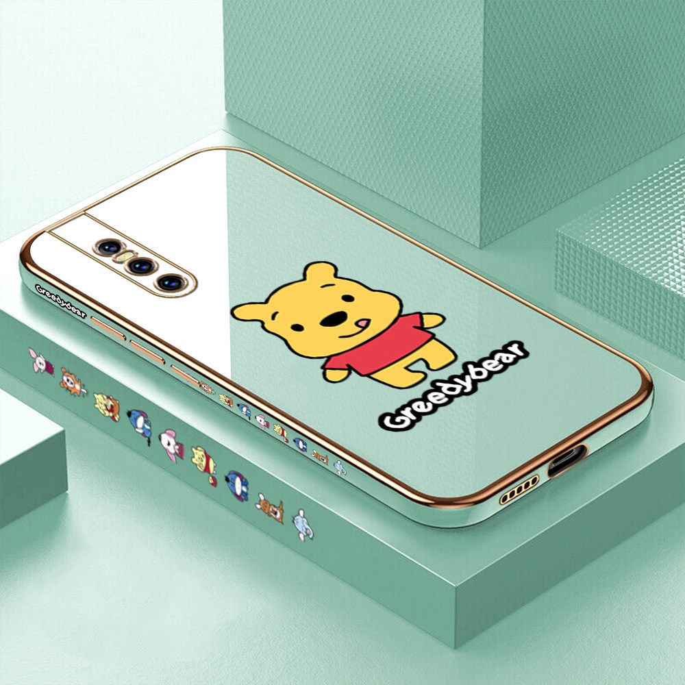 Luxury 6D Plating Case for Vivo V15 Pro Squirming Little Sweet Bear Side Pattern Back Cover Soft Silicone Square Frame Shiny Bling Phone Cases + Free Lanyard