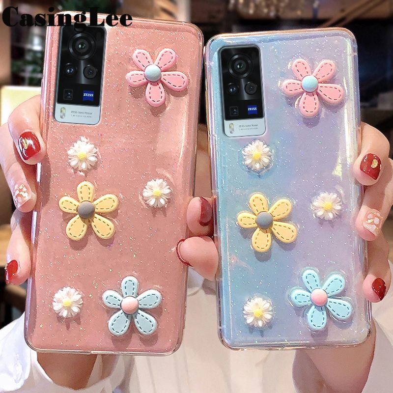 Casinglee For VIVO X60 Pro Case Soft silicon Moon Glitter Bling Full Stars Flower Back Cover for VIVO X60Pro Phone cases For girls