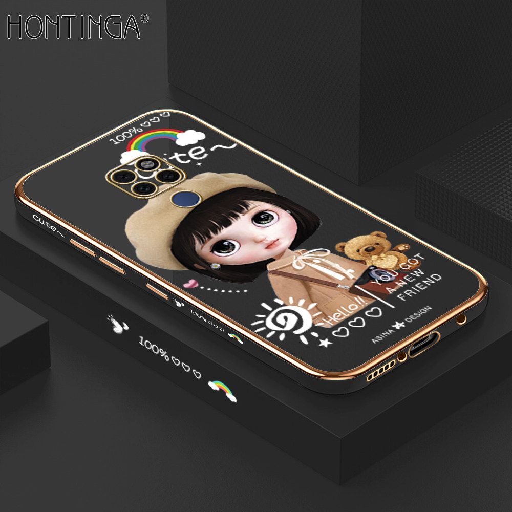 Hontinga for Huawei Mate 20 Back Cover + Free Lanyard Luxury 6D Plating Cute Satchel Girl Side Pattern Case Soft Silicone Square Mobile Cover