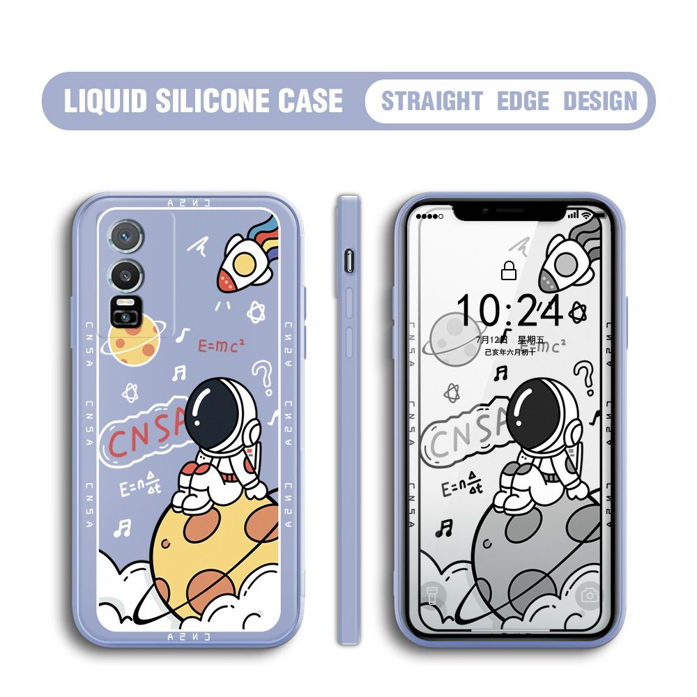 BILI for Vivo Y76 5G Back Cover Little Astronaut Sit In Planet Multicolor Liquid Silicone Phone Case Soft Square Lens Protection Phone Cases