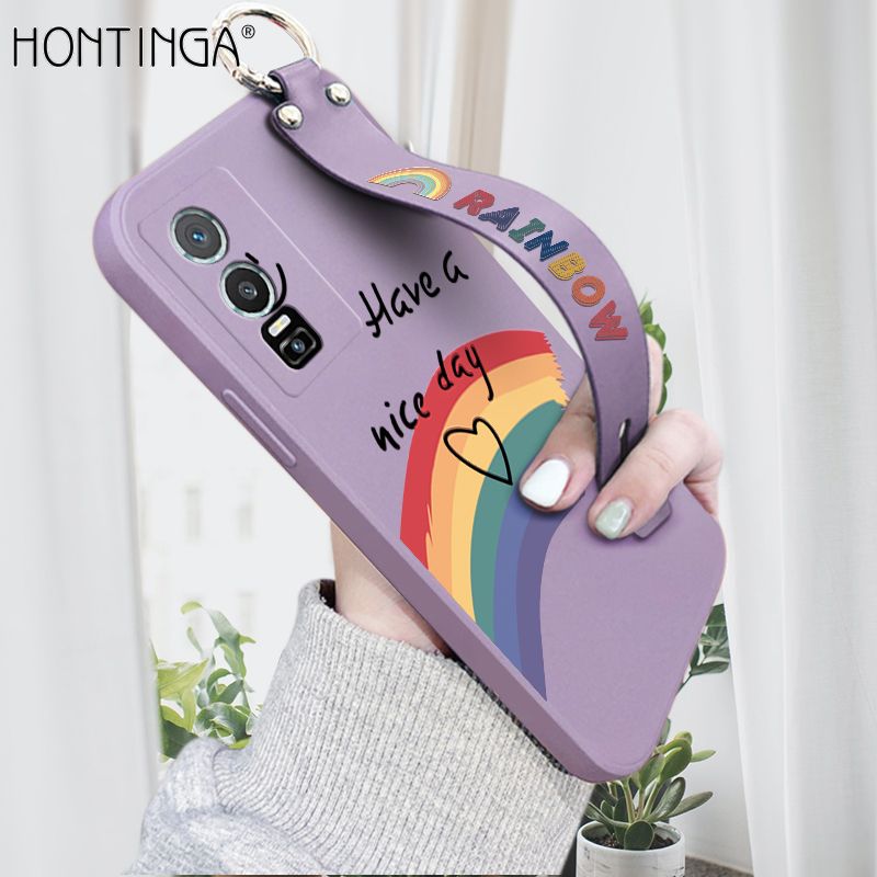 Hontinga for Vivo Y76 5G Back Cover Wrist Strap Lovely Graffiti Rainbow Smile Case Square Printed Pattern Liquid Silicone Phone Cases
