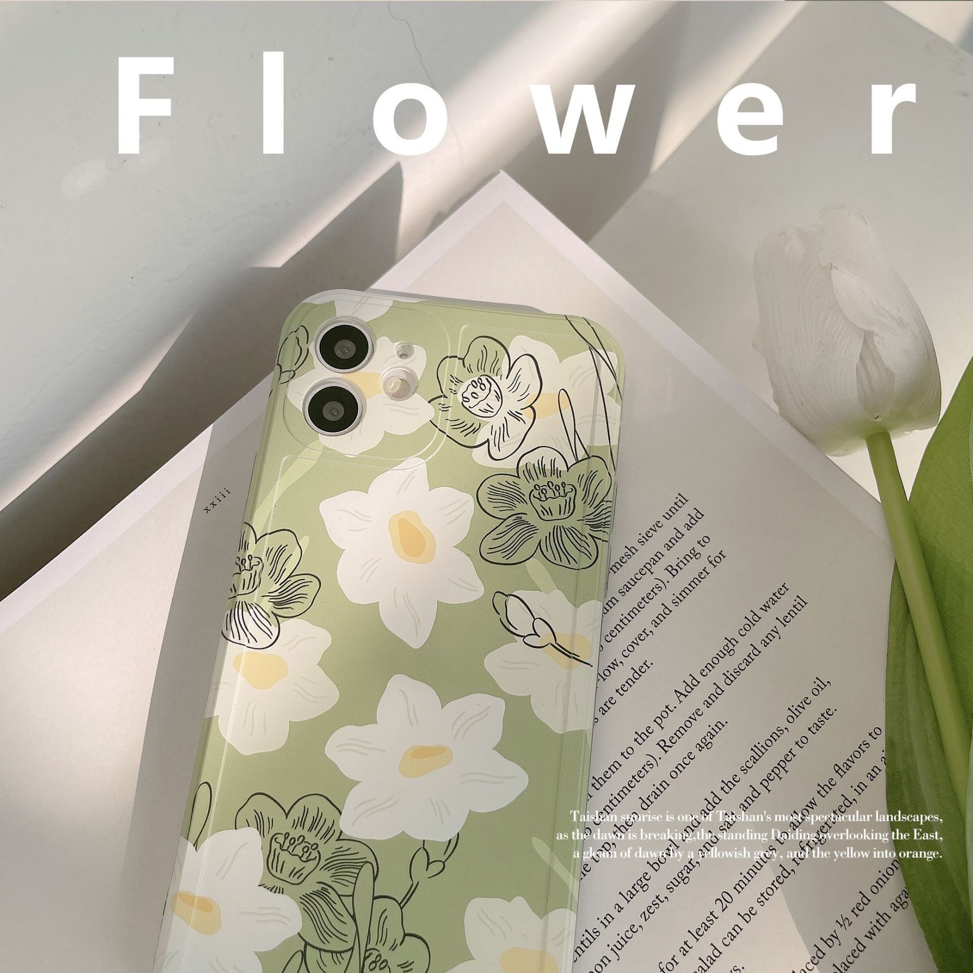 Green Case with White Flower Pattern Soft Silicone Cover Mobile Phone Protective Case