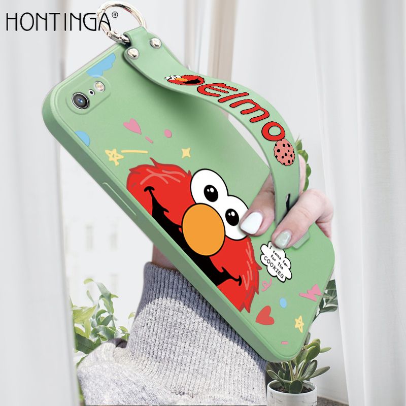 Hontinga for iPhone 6 6S Wrist Strap Case Cute Cute Cartoon Little Monster Phone Cover Square Edge Liquid Silicone Case Full Cover Camera Shockproof Protective Cases