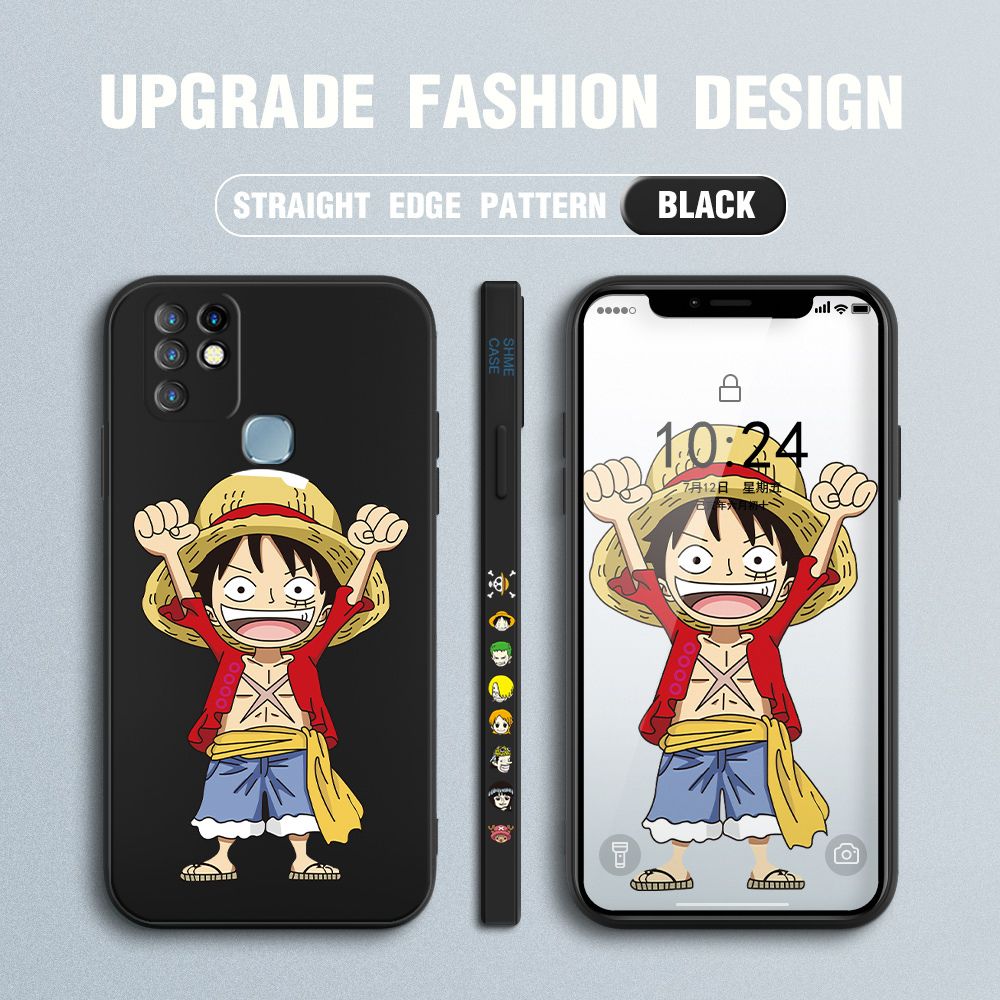 Jizetin for Infinix Hot 10 Case Anime One-Piece Monkey D. Luffy Anime Side Design Phone Case Square Edge Pattern Liquid Silicone Cases Full Cover Camera Shockproof Protective Case