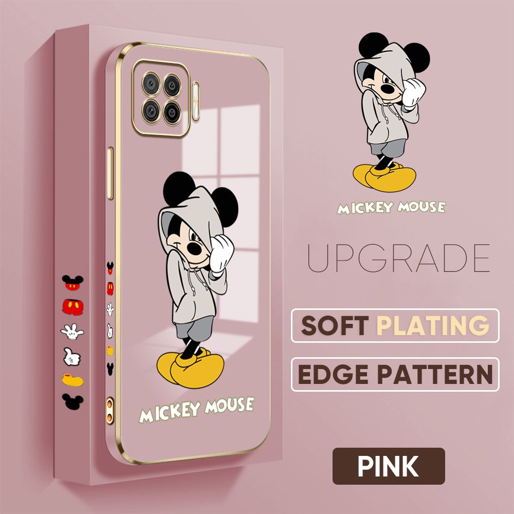 Jizetin (Free Lanyard) OPPO F17 / A73 2020 Cover Handsome Mouse Luxury 6D Plating Soft Casing Silicone Square Frame Phone Case Shiny Bling Back Cover
