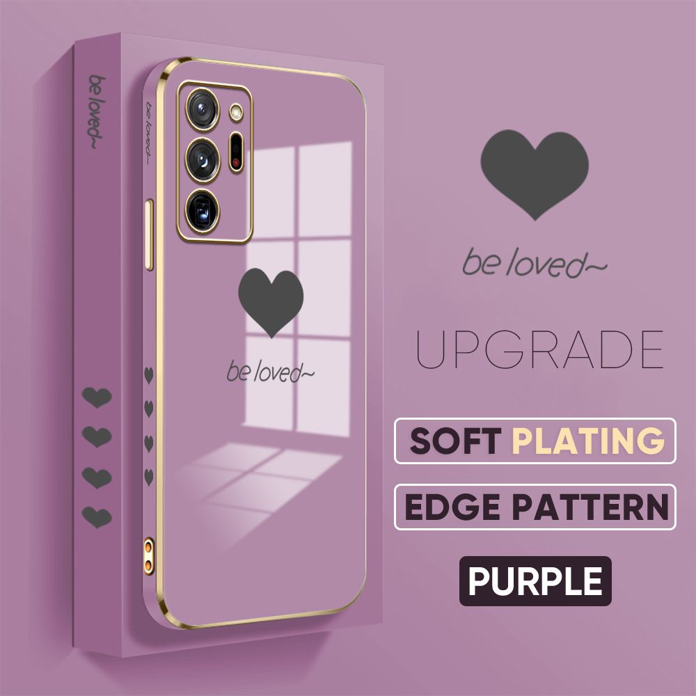 Jizetin (Free Lanyard) Samsung Note20 Ultra Back Cover Heart loved Luxury 6D Plating Case Side Pattern Soft Silicone Square Mobile Phone Cases