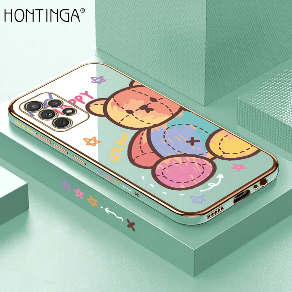 Hontinga for Samsung A72 5G/4G Back Cover + Free Lanyard Luxury 6D Plating Color Doll Bear Side Pattern Case Soft Silicone Square Mobile Cover