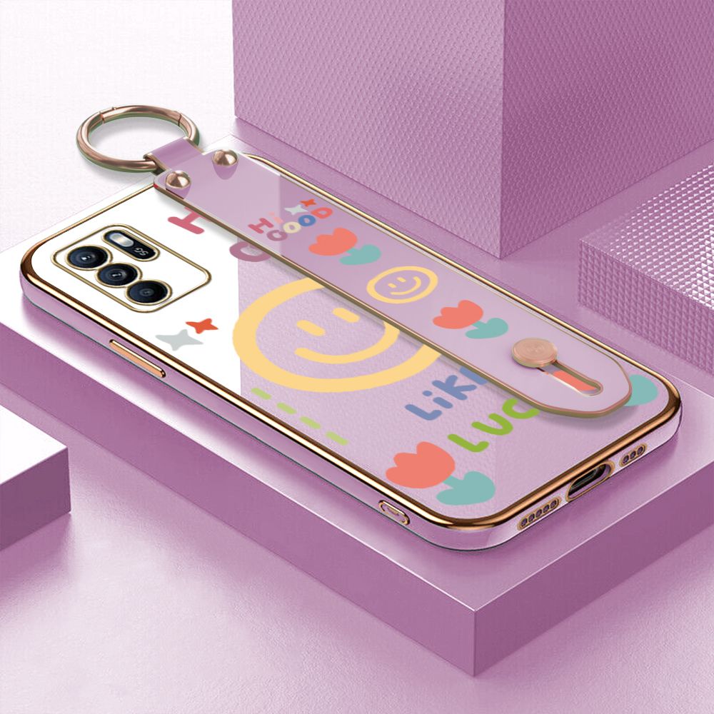 ZeroQiQi for OPPO Reno6 Z 5G Wrist Strap Back Cover Flower Smiley Fashion Luxury 6D Plating Soft Casing Silicone Square Frame Phone Case