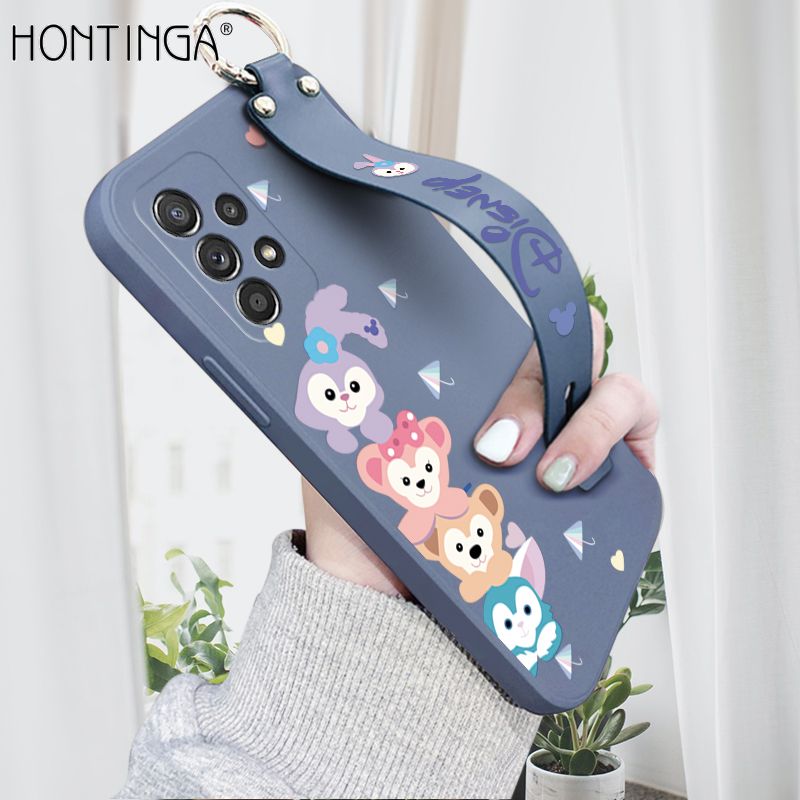 Hontinga for Samsung Galaxy A52S 5G Wrist Strap Case INS Cute Style Creative Cartoon Rabbit and Fox Cover Thin Square Edge Liquid Silicone Phone Case