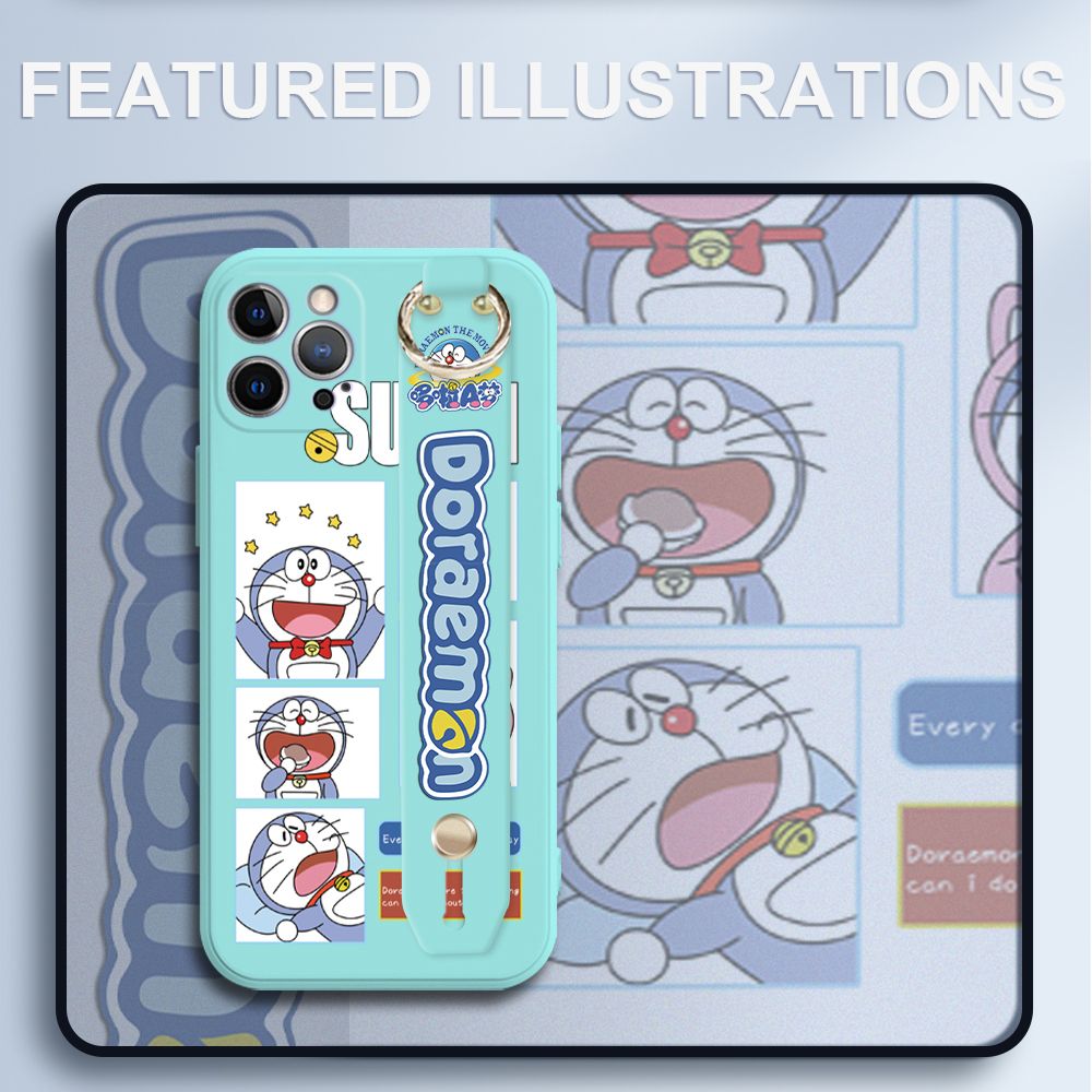 UCUC for iPhone 12 Pro Wrist Strap Case Creative Cartoon Doraemon's Daily Life Cover Ultra Thin Anti Fall Liquid Silicone Phone Case
