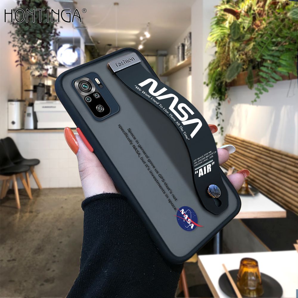 Hontinga for Redmi Note 10 / Note 10S Back Cover With Wristband Popular Space Astronaut Phone Casee Full Lens Protection Thin Frosted Cases