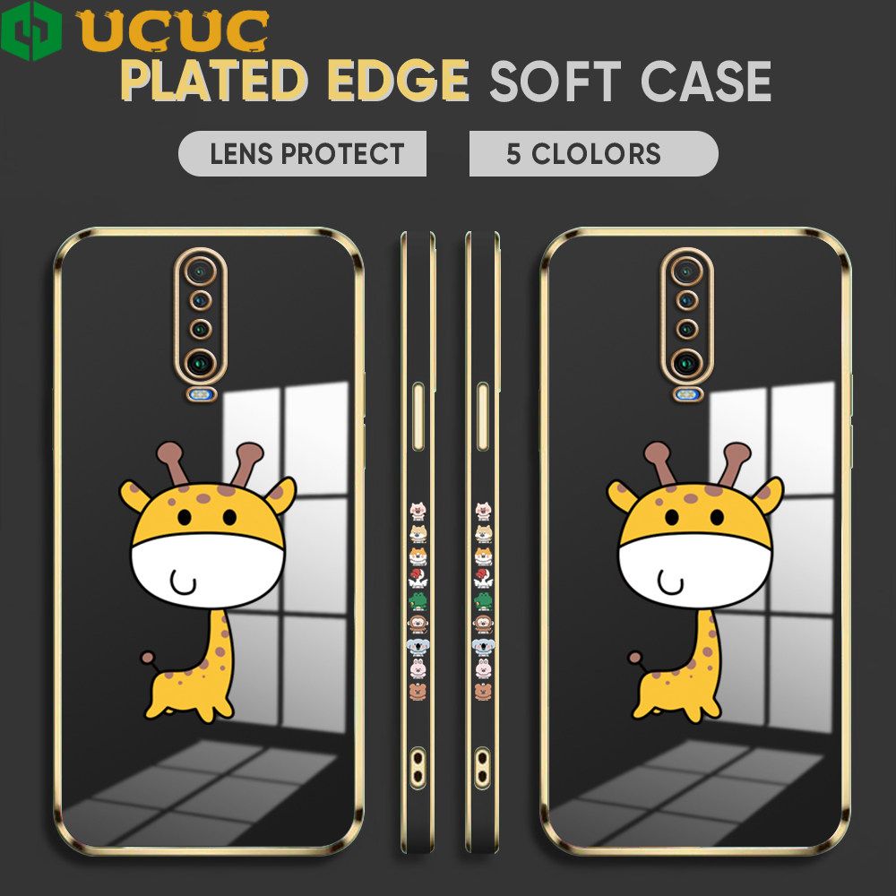 UCUC for Xiaomi Poco X2 / Redmi K30 Back Cover + Free Lanyard Big Head Giraffe Luxury 6D Plating Case Side Pattern Soft Silicone Square Phone Cases