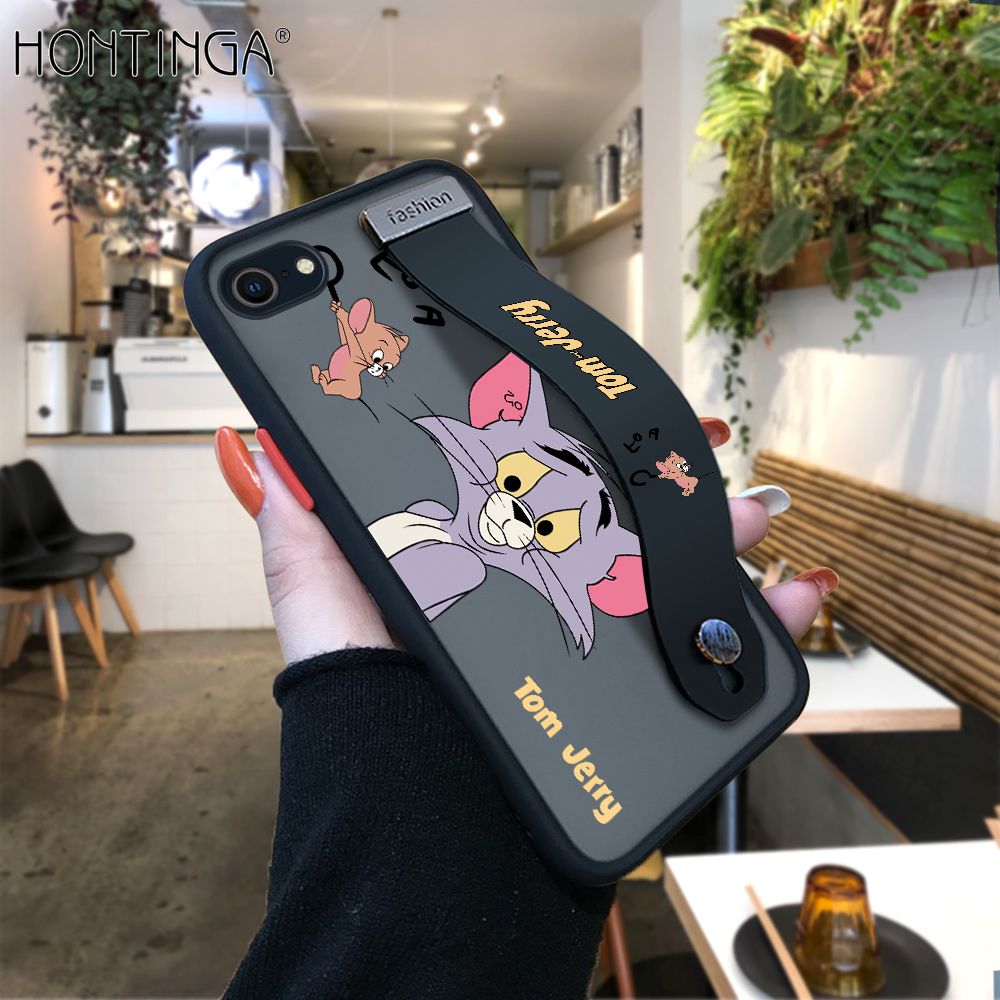 Hontinga for iPhone 7 / 8 / SE 2020 / SE 2022 Back Cover With Wristband Popular Cartoon Pattern Phone Casee Full Lens Protection Thin Frosted Cases