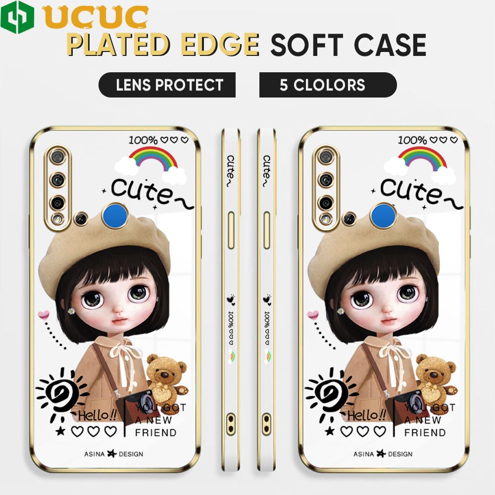 UCUC for Huawei Nova 5i / P20 Lite 2019 Back Cover + Free Lanyard Sunshine Girl Luxury 6D Plating Case Side Pattern Soft Silicone Square Phone Cases