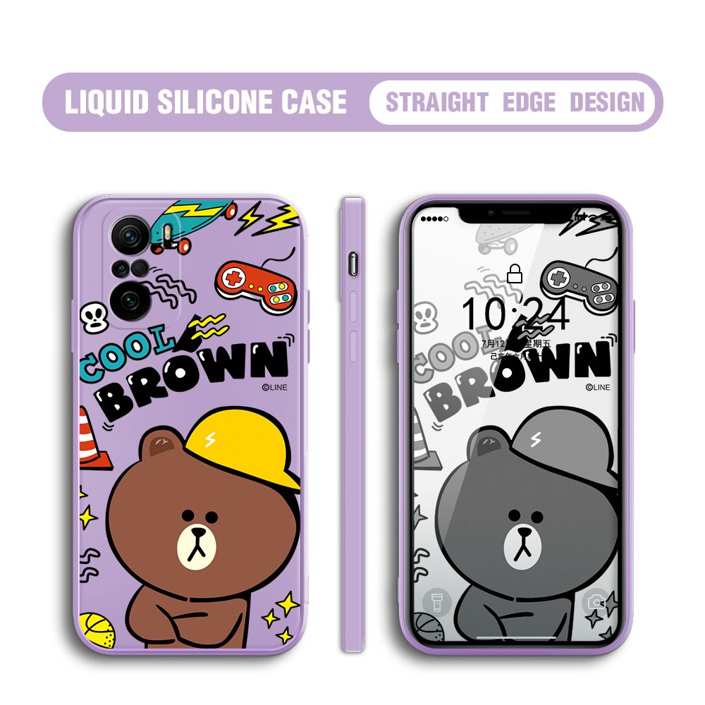 BILI for Redmi K40 / K40 Pro / Xiaomi Poco F3 Back Cover Cool Gaming Brown Bear  Multicolor Liquid Silicone Phone Case Soft Square Lens Protection Phone Cases