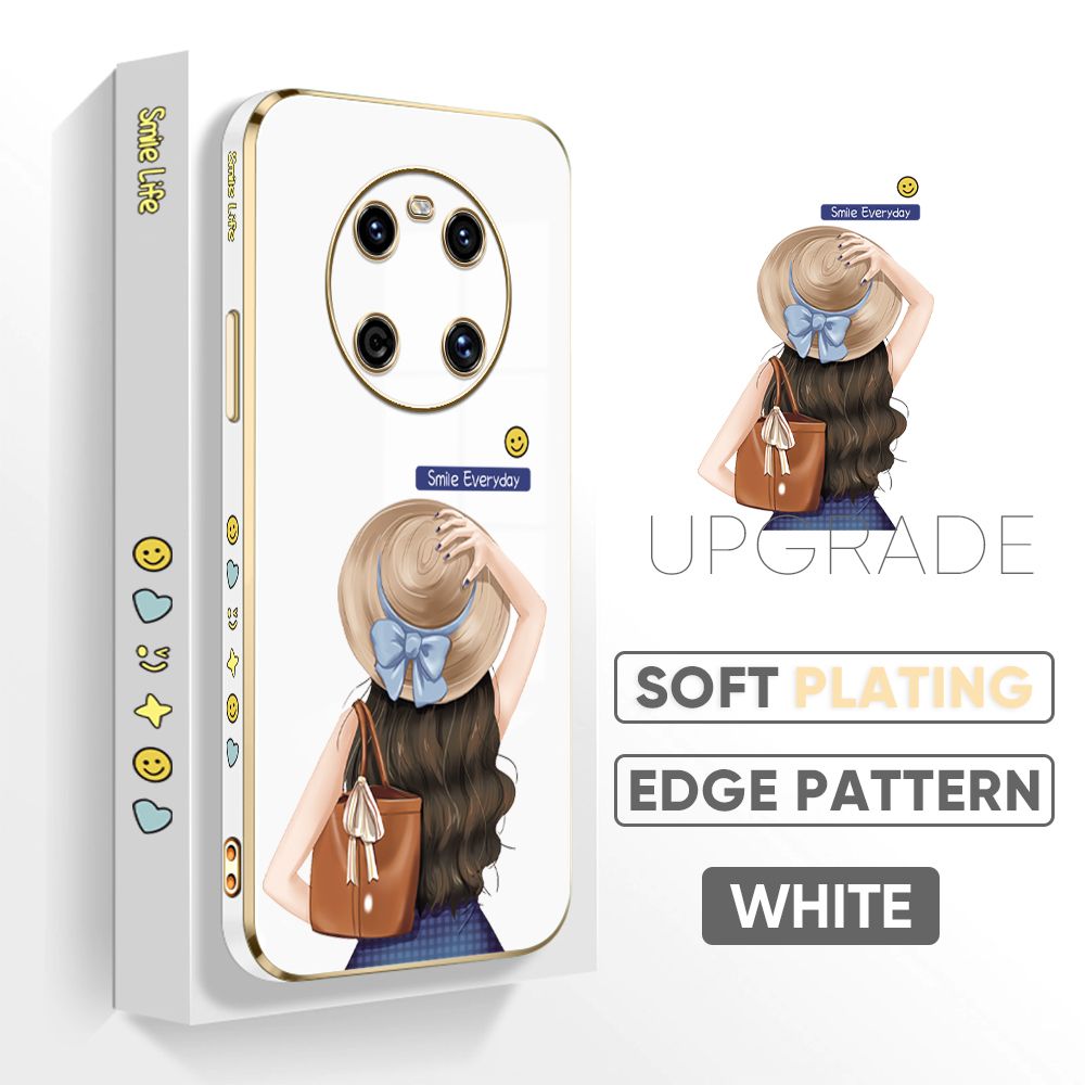 Jizetin (Free Lanyard) Huawei Mate 40 Back Cover Girl In Hat Luxury 6D Plating Case Side Pattern Soft Silicone Square Mobile Phone Cases