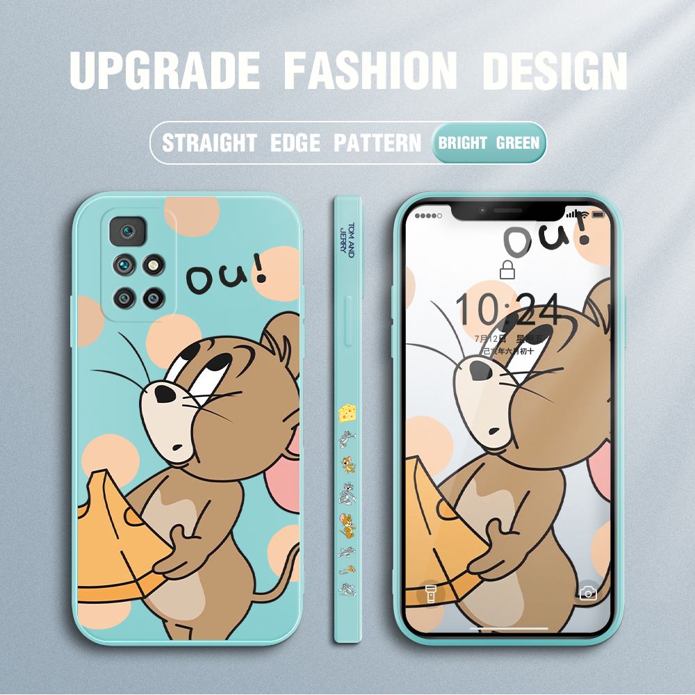 Jizetin for Xiaomi Redmi 10 Case Tom and Jerry Design Side Design Phone Case Square Edge Pattern Liquid Silicone Cases Full Cover Camera Shockproof Protective Case