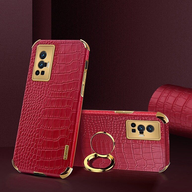 Luxury Plated Crocodile Pattern Leather Holder Phone Case For Vivo X70 Pro Magentic Car Ring Stand Cover