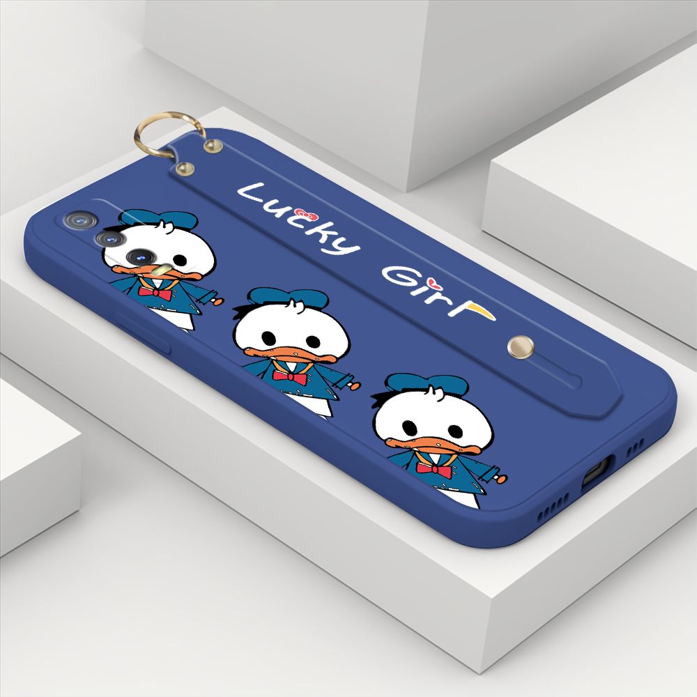ZeroQiQi for Vivo Y20 2021 Wrist Strap Case Cute Cartoon Little Duck Phone Case Square Edge Liquid Silicone Case Full Cover Camera Shockproof Protective Cases