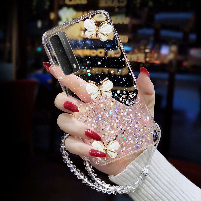Phone case Huawei Y7A Shiny Ring Case Glitter Soft Transparent Butterfly Cases For Huawei Y7A Back Cover + Free Crystal Chain