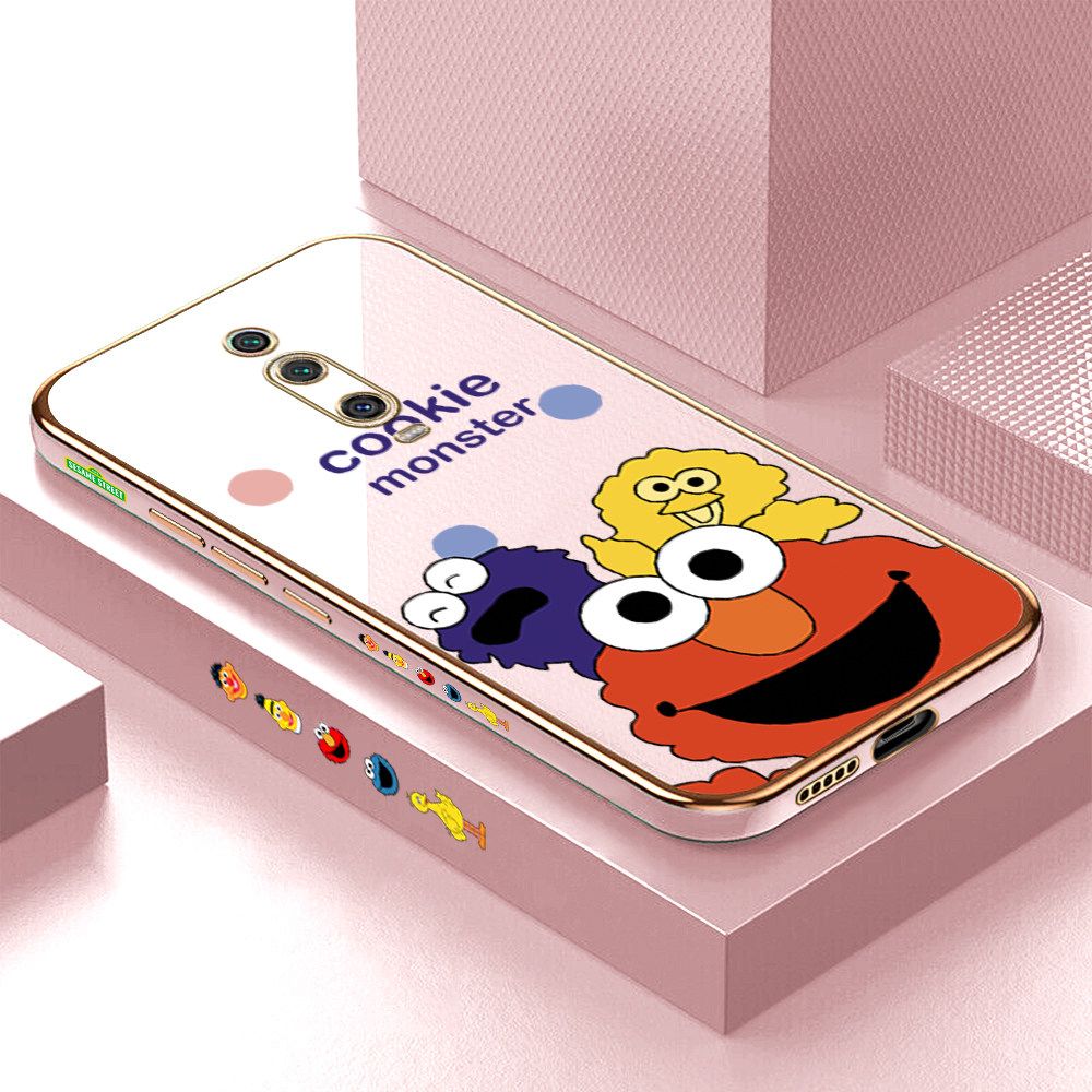 Luxury 6D Plating Case for Xiaomi 9T Pro Color Cute Cartoon Sesame Monsters Side Pattern Back Cover Soft Silicone Square Frame Shiny Bling Phone Cases + Free Lanyard