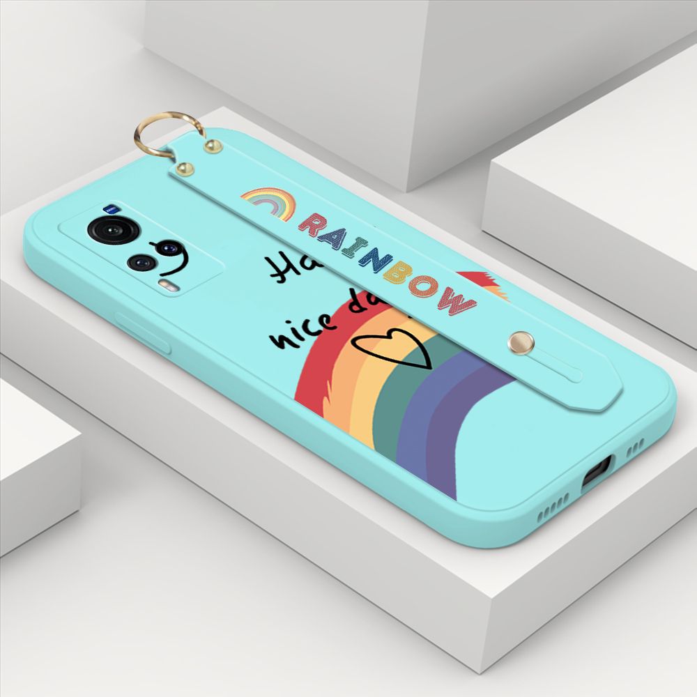 ZeroQiQi for Vivo X60 5G Wrist Strap Case Lovely Graffiti Rainbow Smile Thin Phone Cover Square Edge Liquid Silicone Creativity Phone Case