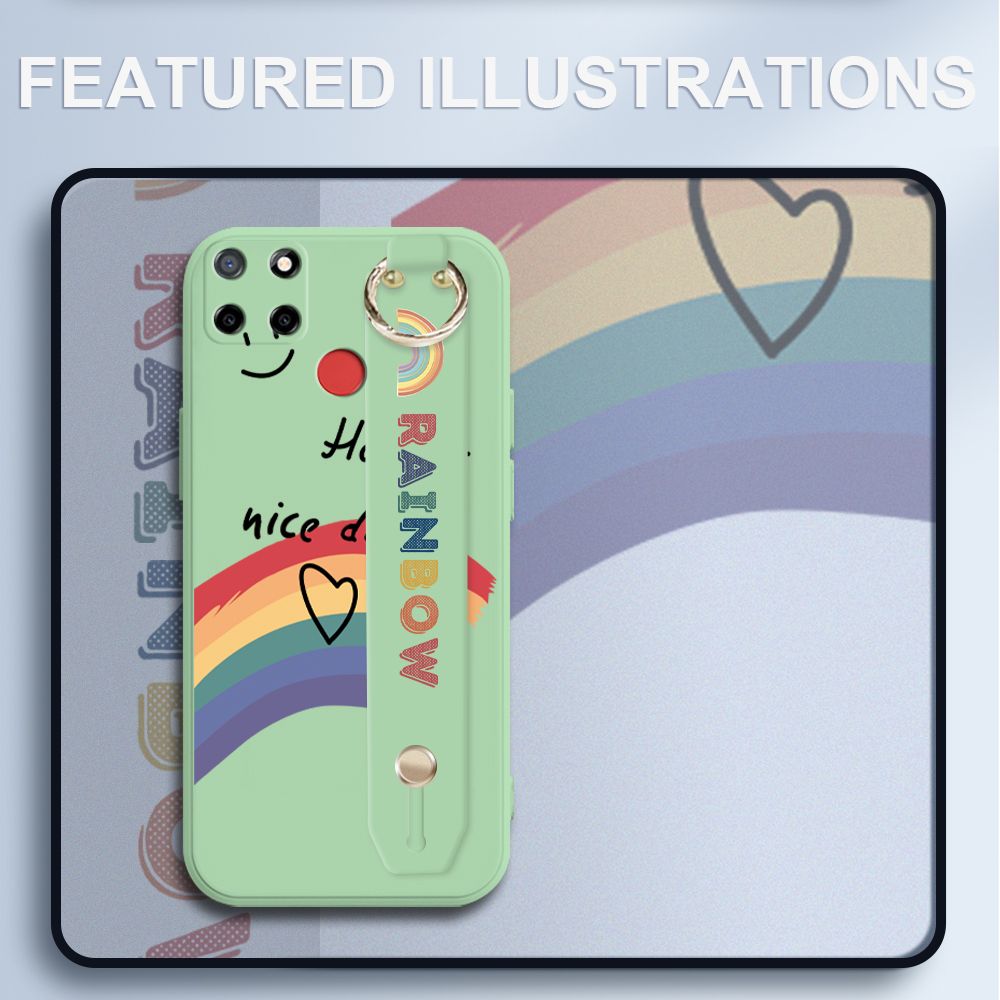 UCUC for Realme Narzo 30A Wrist Strap Case INS Style Smile Rainbow Cover Ultra Thin Anti Fall Liquid Silicone Phone Case