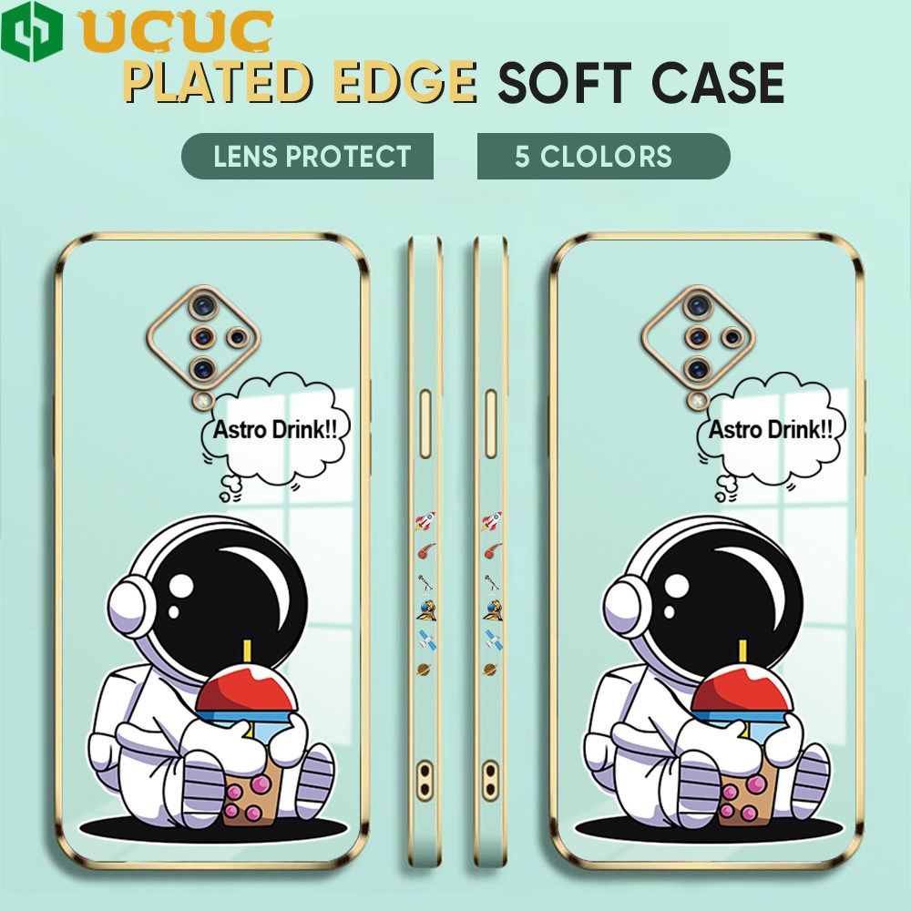 UCUC for Vivo S1 Pro Back Cover + Free Lanyard Cute Astronaut Luxury 6D Plating Case Side Pattern Soft Silicone Square Phone Cases