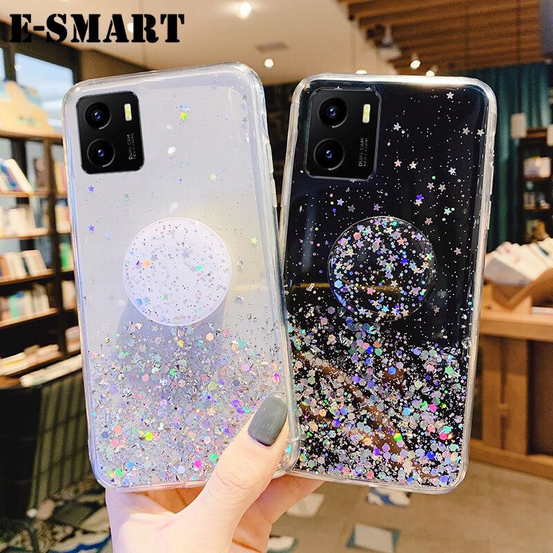 Phone case VIVO Y15S Back cover Shiny Ring Glitter Soft Transparent Holder Stand Back cover with String Glitter Space Stars Moon VIVO Y15S Case
