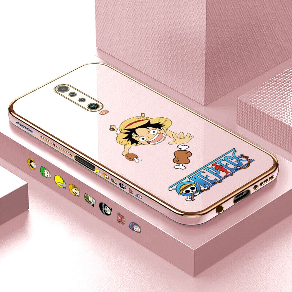 Luxury 6D Plating Case for Redmi K30 Gluttonous Cartoon Luffy Side Pattern Back Cover Soft Silicone Square Frame Shiny Bling Phone Cases + Free Lanyard