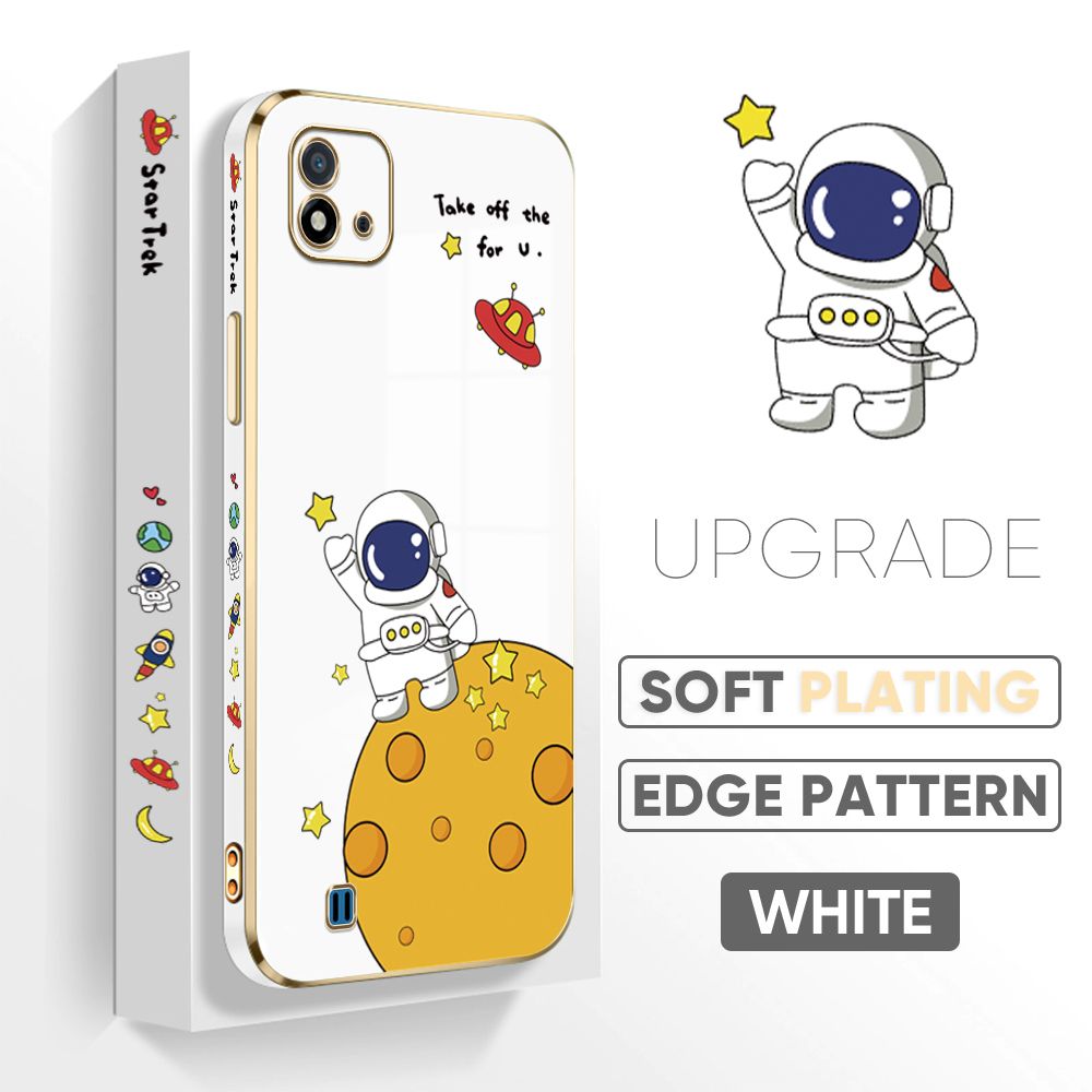TA for Realme C11 2021 / Realme C20 / Realme C20A Back Cover + Free Lanyard Planet Astronaut Luxury 6D Plating Case Side Pattern Soft Silicone Square Phone Cases