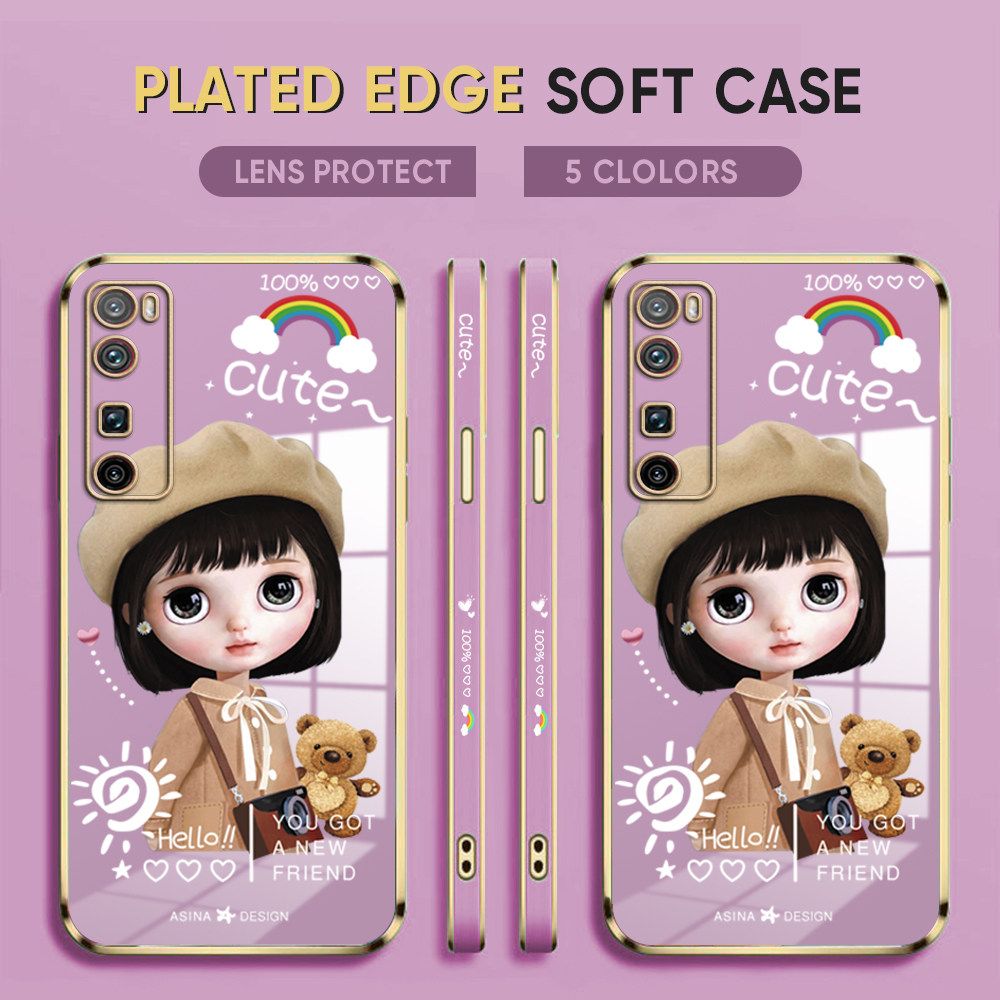 Luxury 6D Plating Case for Huawei Nova 7 Pro Phone Cases Satchel Girl Side Print Soft Silicone Square Back Cover