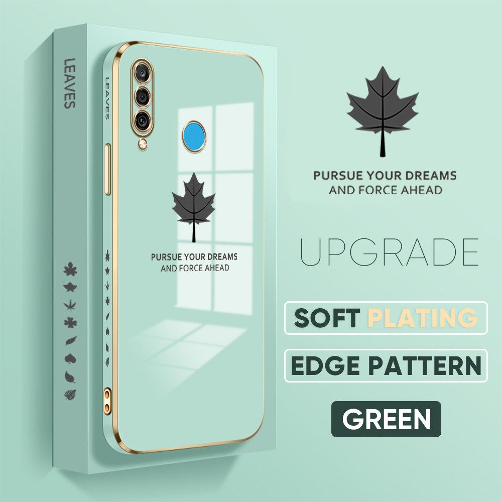Jizetin (Free Lanyard) Huawei P30 Lite / Nova 4E Case Luxury 6D Plating Soft Casing Silicone Square Frame Phone Case Shiny Bling Back Cover Maple leaf New design Side Drawing Case