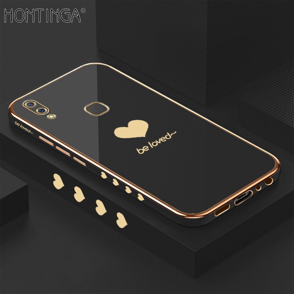 Hontinga for Vivo Y85 Back Cover + Free Lanyard Luxury 6D Plating Lover Heart Side Pattern Case Soft Silicone Square Mobile Cover