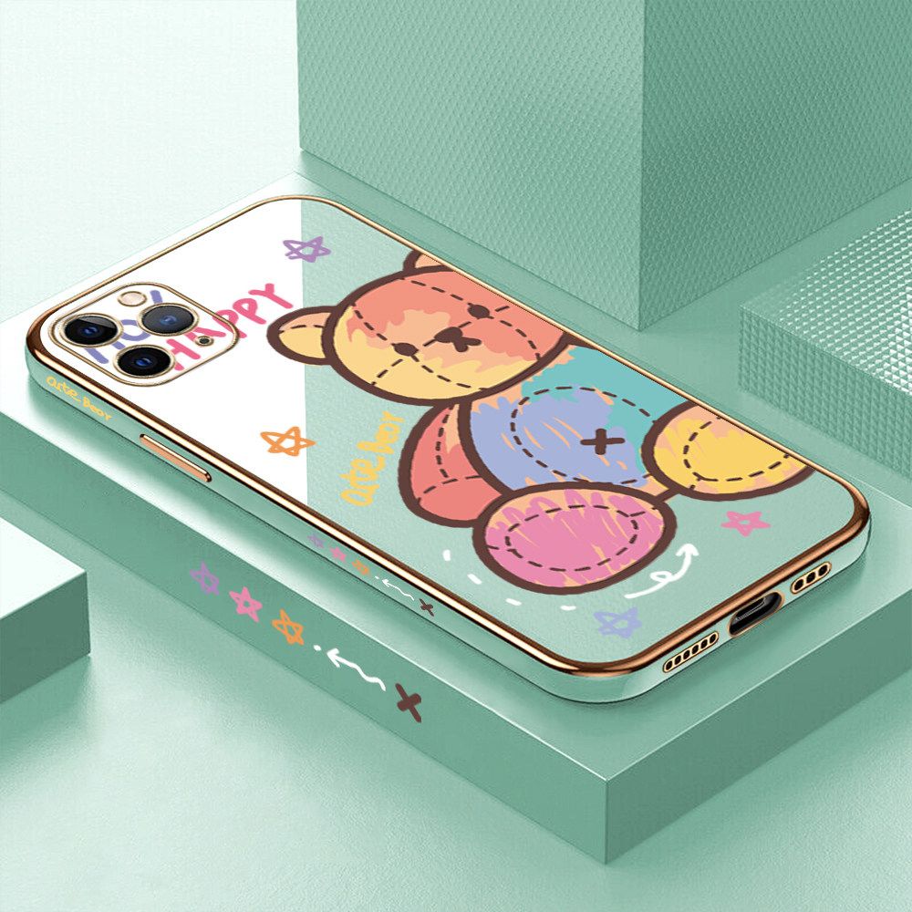 Luxury 6D Plating Case for iPhone 11 Pro Color Cartoon Doll Bear Side Pattern Back Cover Soft Silicone Square Frame Shiny Bling Phone Cases + Free Lanyard