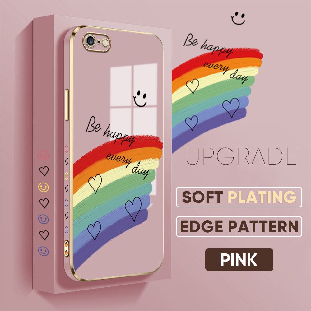TA for iPhone 6 Plus / 6S Plus Back Cover + Free Lanyard Rainbow Doodle Luxury 6D Plating Case Side Pattern Soft Silicone Square Phone Cases