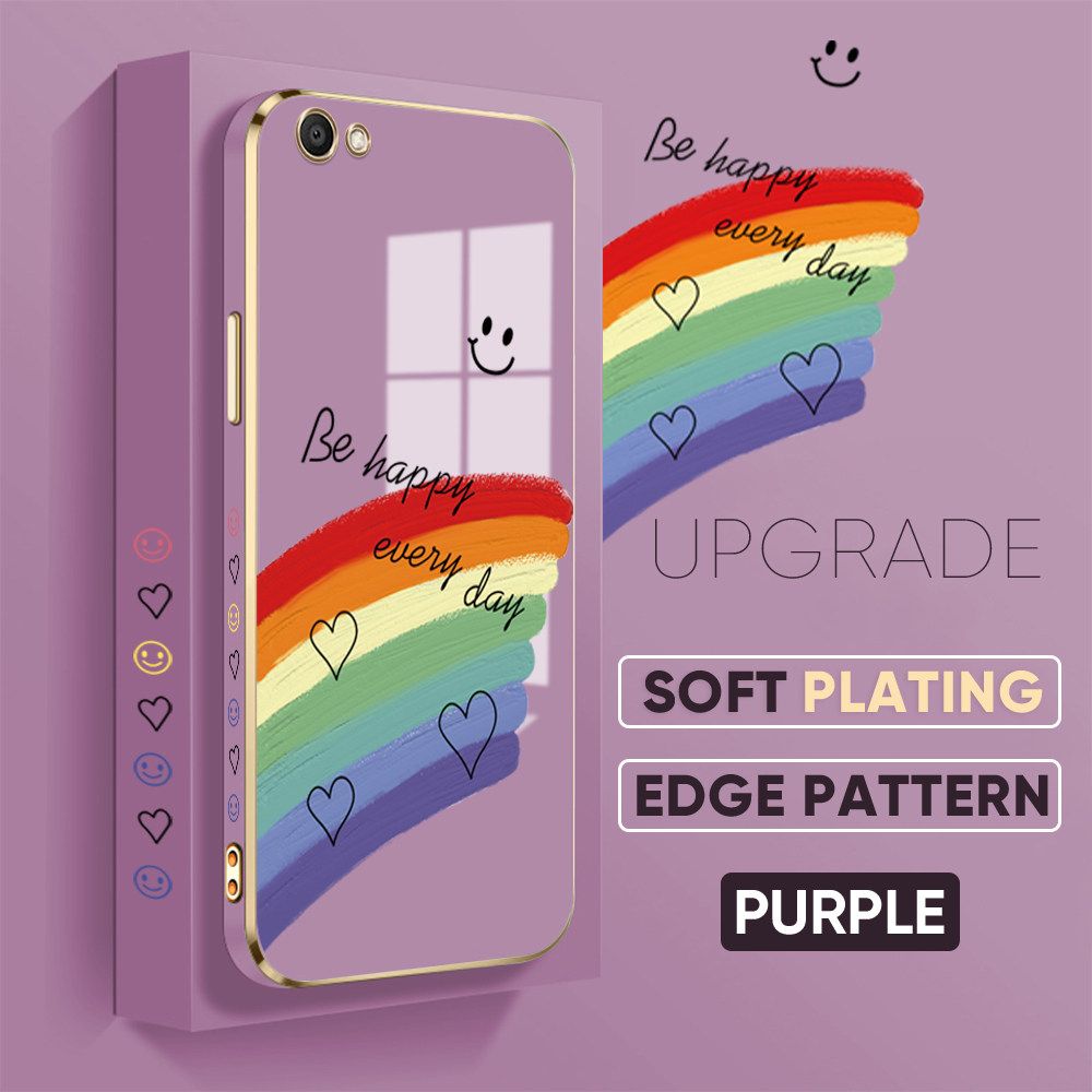 TA for Vivo V5 / V5 Lite / V5S Back Cover + Free Lanyard Rainbow Doodle Luxury 6D Plating Case Side Pattern Soft Silicone Square Phone Cases