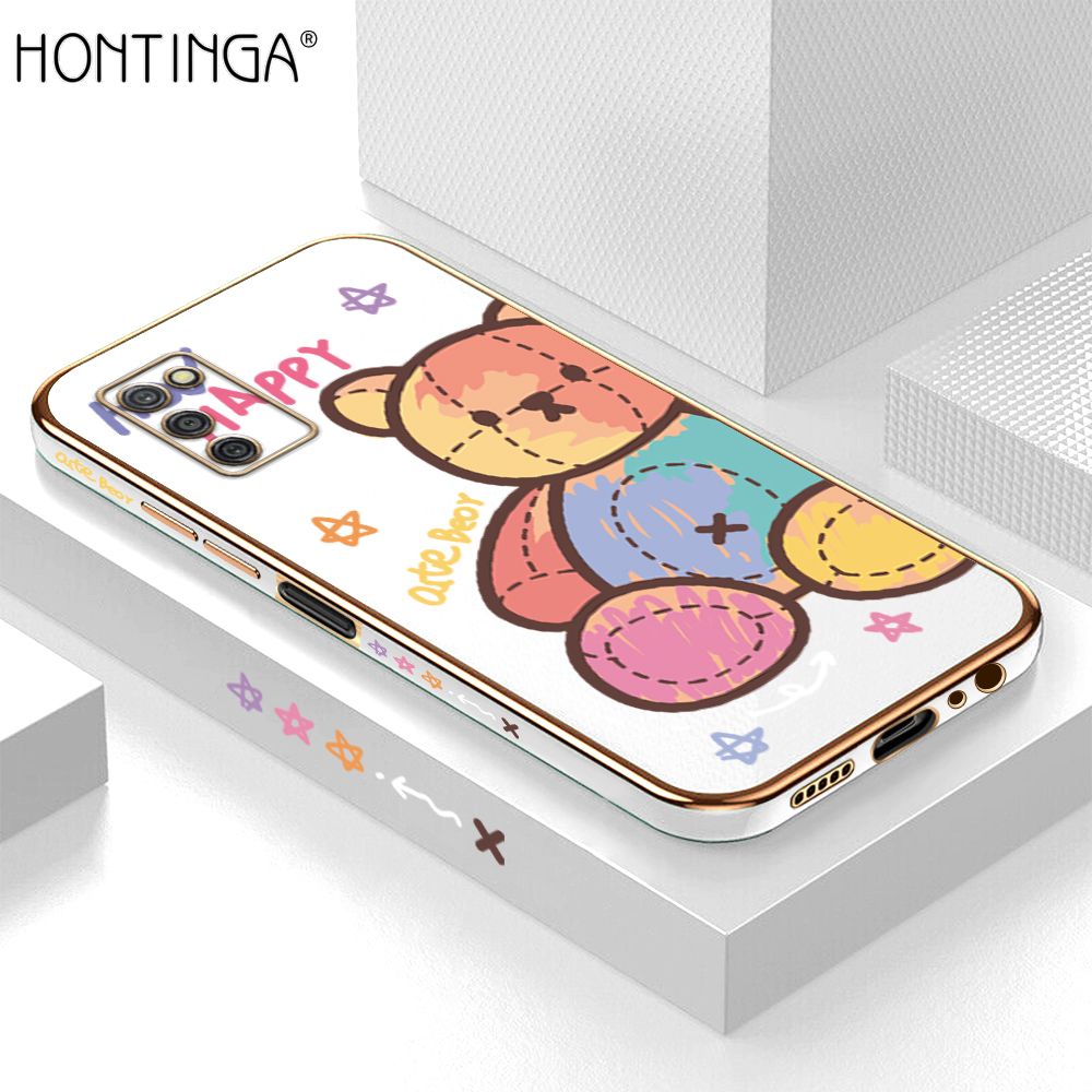 Hontinga for Samsung A03S Back Cover + Free Lanyard Luxury 6D Plating Color Doll Bear Side Pattern Case Soft Silicone Square Mobile Cover