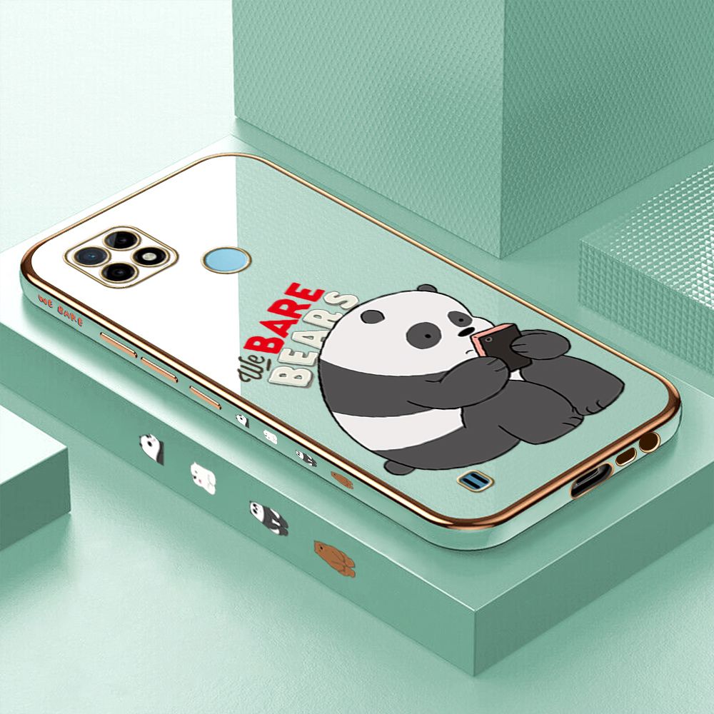 Luxury 6D Plating Case for Realme C21Y Cartoon Panda Side Pattern Back Cover Soft Silicone Square Frame Shiny Bling Phone Cases + Free Lanyard